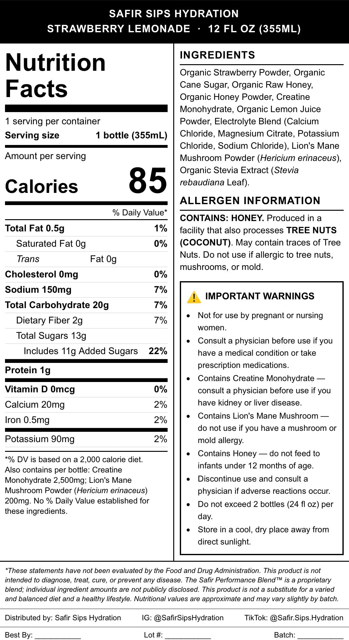 Safir Hydration™ Strawberry Lemonade | Organic Hydration Drink + Creatine
